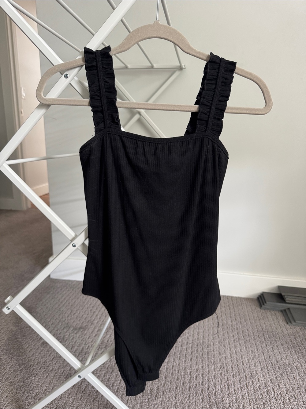 Petal & Pup Black Ruffle Strap Ribbed Bodysuit